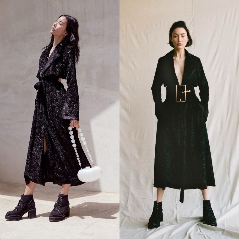 Cult Gaia Aya Matelassé Velvet Open-Back Coat Belted‎ Long Black Size Small NWT - Picture 9 of 11